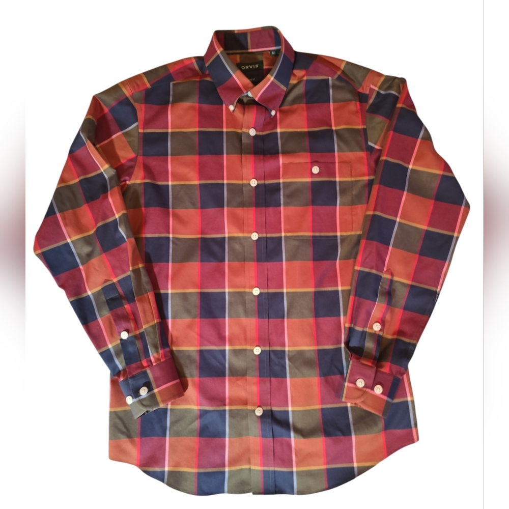 Orvis No-Work Long Sleeve Shirt Classic Fit Wrinkle Free Sz M Orange Plaid Mens